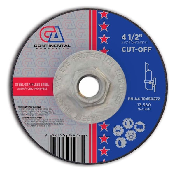 Continental Abrasives 4-1/2" x .040" x 5/8-11" Signature T27 Depressed Center Premium Thin Cut-Off Wheel A4-10450272 - main